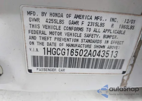 2002 Honda Accord 3.0 Ex from USA, damaged, VIN 1HGCG16502A043513